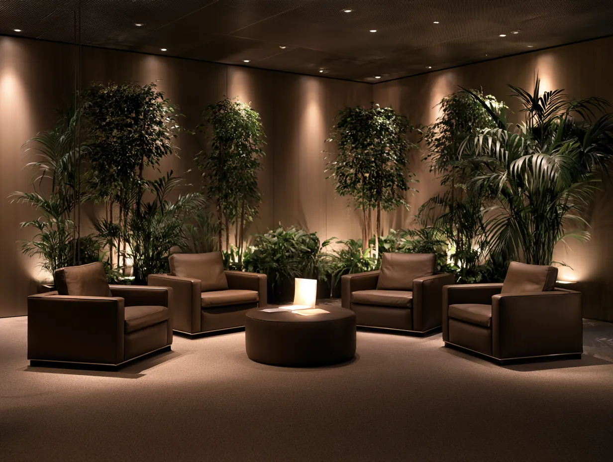 Salon de lecture feutré, fauteuils de cuir et grandes plantes, lumière basse